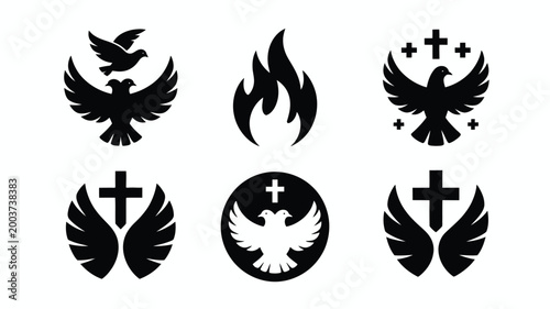 Collection of stylized black and white christian religious symbols featuring doves flames and crosses in various emblematic designs for spiritual concepts