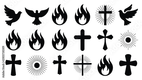 Collection of black christian crosses flames and doves silhouettes representing faith spirituality holy spirit and divine light isolated on a white background symbolic religious