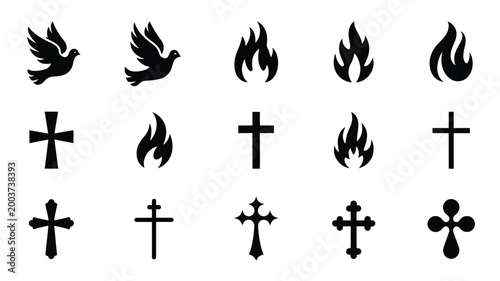 Collection of minimalist black religious and spiritual icons featuring doves flames and various cross designs on a clean white background symbolizing faith hope and spirituality