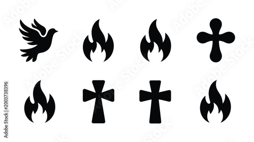 Collection of black silhouette icons representing faith and spirituality dove flame and cross symbols for religious and inspirational concepts isolated on white background