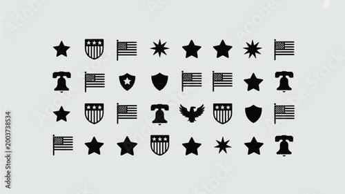 Collection of american patriotic icons and symbols including stars flags shields and liberty bells presented in a clean minimalist flat design style on a neutral background