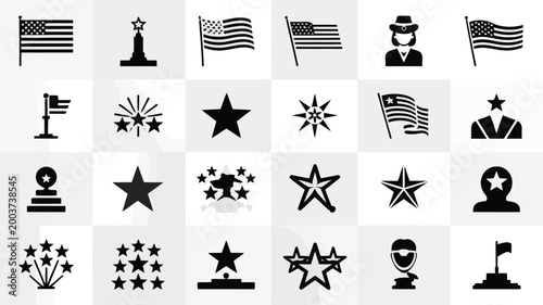 Collection of american flag icons stars trophies and patriotic symbols representing national pride victory and american identity on a clean background