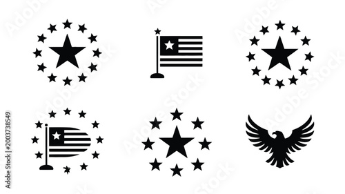 Stylized patriotic american icons collection stars stripes flag and eagle silhouette for national celebration democracy and freedom concepts