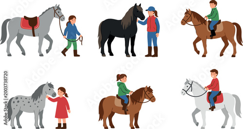 Flat Vector Illustration Set of Children and Adults Riding Petting and Leading Horses and Ponies Isolated on White Background