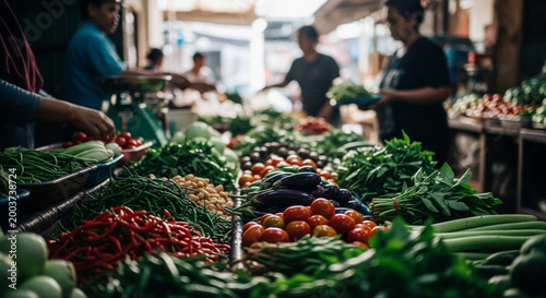 Fresh organic fruits and vegetables are for sale at a vibrant marketplace stall in a Barcelona Spain grocery market featuring healthy red apples and green produce for a natural diet