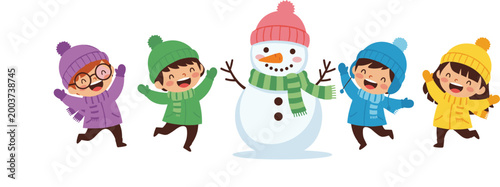Winter Fun Illustration Set with Children in Warm Clothes and Snowman for Holiday, Christmas, and Seasonal Designs
