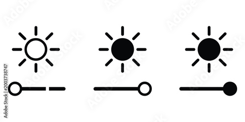 Brightness control icon set, brightness and contrast level adjustment symbols, sun icon with rays, slider controls, interface elements, minimal modern vector design