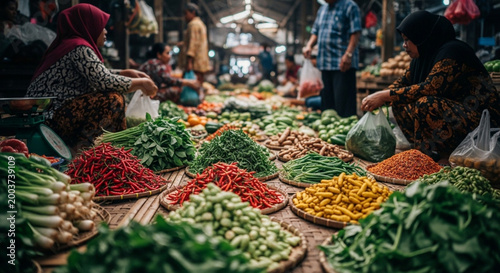 Fresh organic produce and ripe colorful fruits create a vibrant display at a healthy grocery stall in a natural Barcelona market