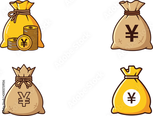 Money Bag and Coins Set with Yen Currency Symbols for Finance, Economy, and Business Illustrations
