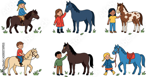 Flat Vector Illustration Set of Children Interacting with Horses Including Riding Petting and Leading Ponies Isolated on White Background