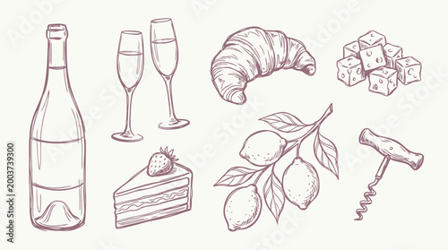 Hand drawn wine and food set with bottle, glasses, croissant, cheese, cake, lemons, corkscrew