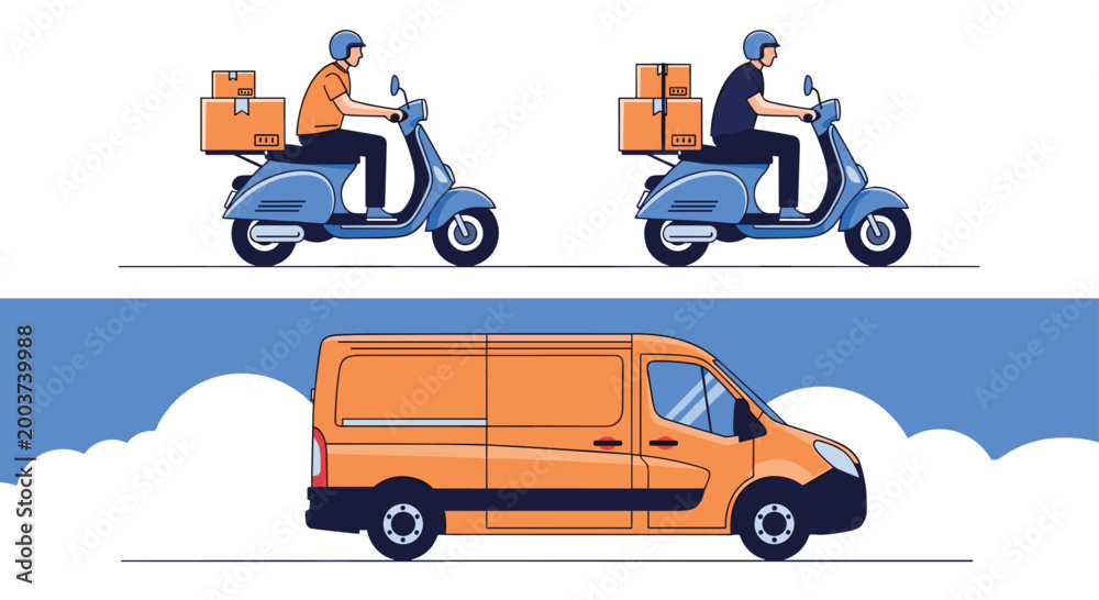 Fototapeta premium Comparison of delivery options showing two couriers on motor scooters and large orange cargo van for shipping services.