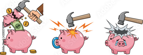 Set of Piggy Bank Illustrations Depicting Money Insertion, Breaking, and Cracking with Hammer for Finance, Savings, and Wealth Concepts in Vector Style