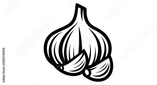 Graphic illustration of a garlic bulb and cloves on white background