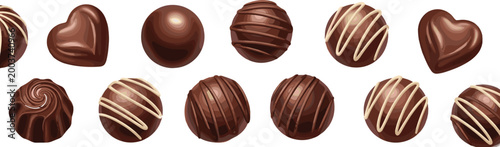 Set of Chocolate Truffles with Heart-Shaped and Swirled Designs for Dessert, Confectionery, and Sweet Treat Concepts in Vector Style