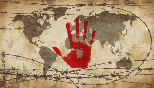 World's Grievances: Symbolic imagery of a red handprint superimposed on a world map, entwined with barbed wire, conveying themes of global conflict, suffering, and the struggle for human rights.