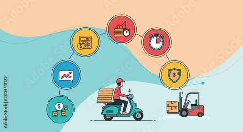 Logistics and supply chain management concept with delivery courier on scooter and various business performance icons in circles.