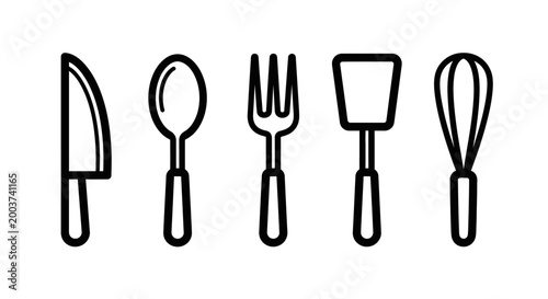 Kitchen utensils set knife spoon fork spatula whisk in monochrome