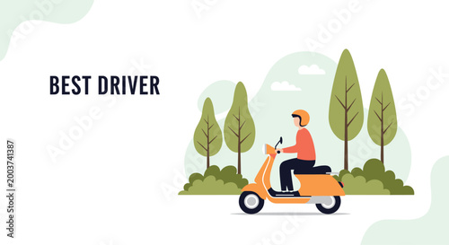 Professional courier riding orange scooter through a park with green trees for eco friendly urban delivery service concepts.