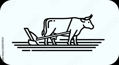 Monochrome illustration of a cow plowing a field with agricultural equipment