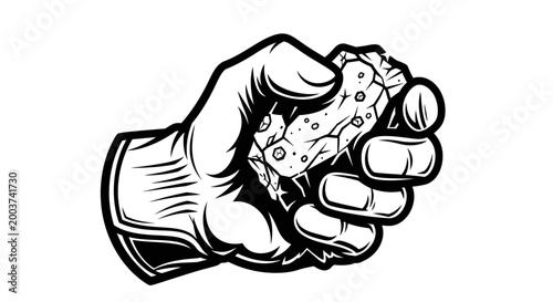 Monochrome illustration of a hand clenching a rock with detailed lines