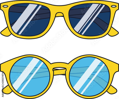 Set of Yellow Sunglasses with Round and Square Frames for Fashion, Summer, and Accessory Designs in Vector Style