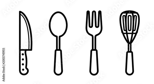 Simple line art kitchen utensils set knife spoon fork whisk illustration