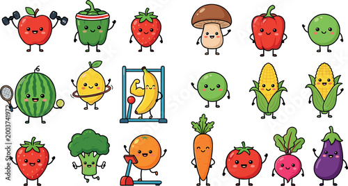 Large Collection of Cute Kawaii Fruits and Vegetables Characters Exercising and Playing Sports Isolated on White Background for Healthy Lifestyle