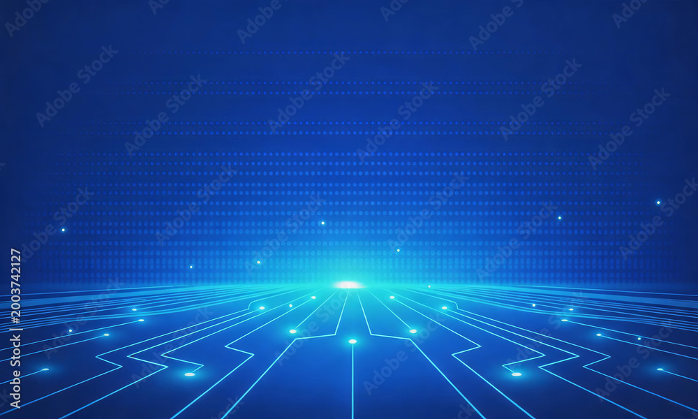 Obraz premium This is a futuristic blue digital background featuring glowing circuit lines, dotted grids and a radiant light horizon, creating a sleek tech-focused cyber scene.