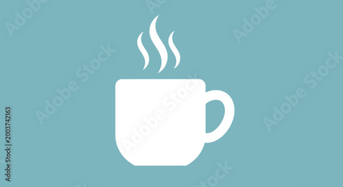 White coffee cup illustration with steam on a turquoise background