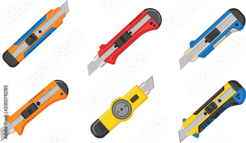 Utility Knife Vector Set with Six Colorful Designs, Tool Illustrations in Orange, Red, Yellow, and Blue, Blades for Construction and Industrial Use, and Minimalist Design for Digital Media