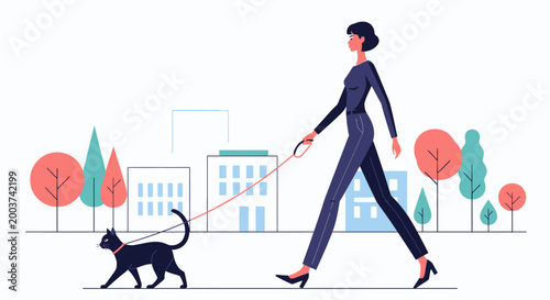 Woman walking black cat on leash through city park illustration