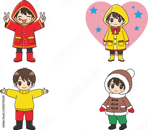 Winter Children Vector Set with Playful Kids in Colorful Coats, Hoodies, and Fun Winter Fashion, Happy Expressions, Seasonal Activity Illustrations for Digital Media
