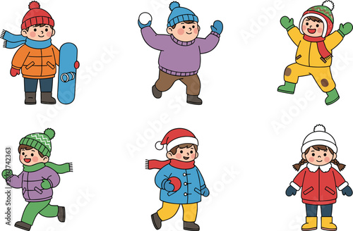 Winter Children Vector Set with Playful Kids in Snow Gear, Snowball Fight, Hats, Scarves, and Colorful Winter Clothing, Winter Activities, and Seasonal Fun Illustrations for Digital Media