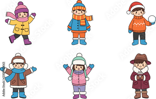 Winter Children Vector Set with Playful Kids in Colorful Snow Gear, Hats, Scarves, Snowball Fun, and Warm Winter Clothing, Seasonal Snow Activities Illustrations for Digital Media