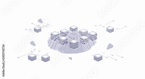 Isometric server database system with multiple storage units and network connections, big data technology concept for cloud infrastructure, hosting services and IT solutions