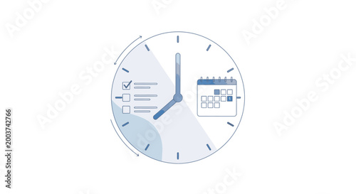 Minimal productivity clock with calendar and task icons, modern time management concept for business scheduling, deadlines and efficient workflow planning