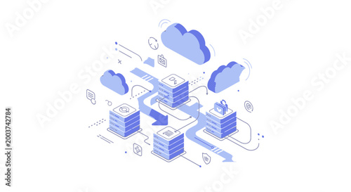 Cloud computing network with connected devices and data storage icons, modern digital technology concept for online services, business systems and remote collaboration