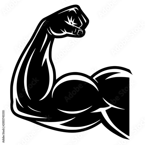 Vector silhouette illustration of a muscular arm flexing bicep, powerful bodybuilder limb icon, black high-contrast graphic design, isolated for fitness and gym themes.