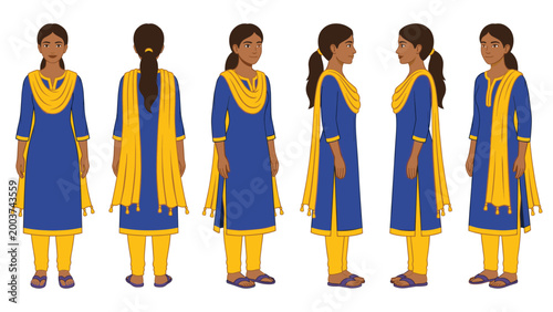 Bild auf Leinwand Young indian woman character design sheet wearing blue salwar kameez with yellow dupatta