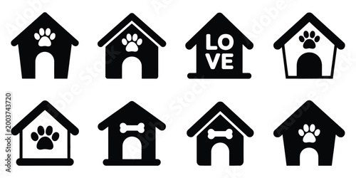 Doghouse icon set, pet house vector illustration collection, simple dog house symbols, animal shelter icons, minimal modern line and solid styles