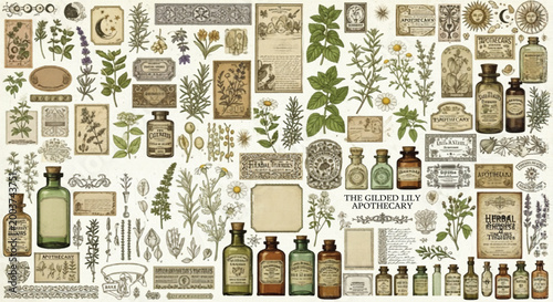 Schilderij op canvas Vintage apothecary botanical collection, antique herbal medicine labels and glas