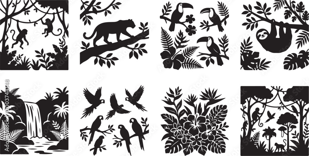 Naklejka premium Set of eight tropical jungle silhouettes featuring monkeys, a panther, toucans, a sloth, parrots, a waterfall, and exotic flowers in a flat black and white style