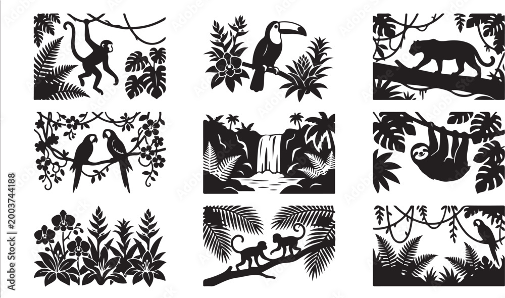 Fototapeta premium Set of nine black and white tropical jungle silhouette featuring monkeys, a toucan, a panther, parrots, a sloth, a waterfall, and exotic rainforest flora including ferns and palm leaves