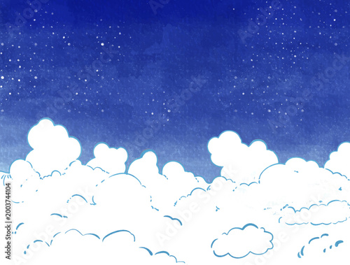Deep blue watercolor starry night sky background with decorative white clouds