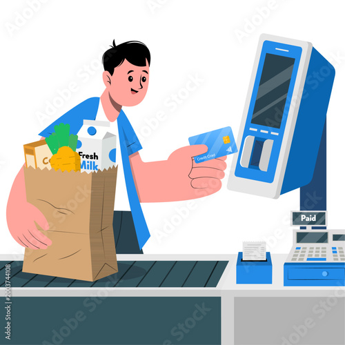 Credit card concept illustration, Man Paying for Groceries with Credit Card at Self-Service Checkout Counter Illustration