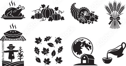 Set of black thanksgiving featuring roasted turkey, pumpkins, cornucopia, wheat sheaf, pumpkin pie, autumn leaves, scarecrow, full moon over a barn, and gravy boat pouring sauce
