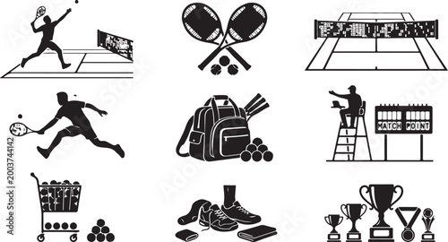 Set of black tennis featuring silhouettes of players serving and hitting, crossed rackets, a court net, a sports bag, a scoreboard, a ball cart, sneakers, and various championship trophies