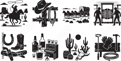 Bild auf Leinwand Set of eight black and white western featuring a cowboy on horseback, sheriff ba