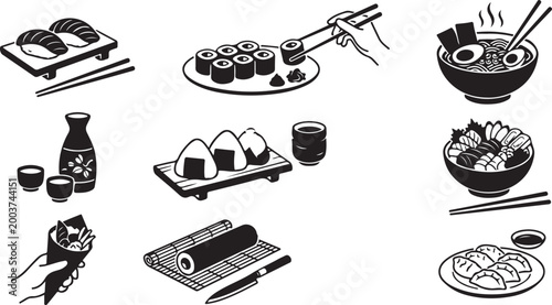 Set of japanese food featuring sushi nigiri, maki rolls, ramen bowls, onigiri rice balls, sashimi, hand-held temaki, sake carafe, gyoza dumplings, chopsticks, and bamboo rolling mats